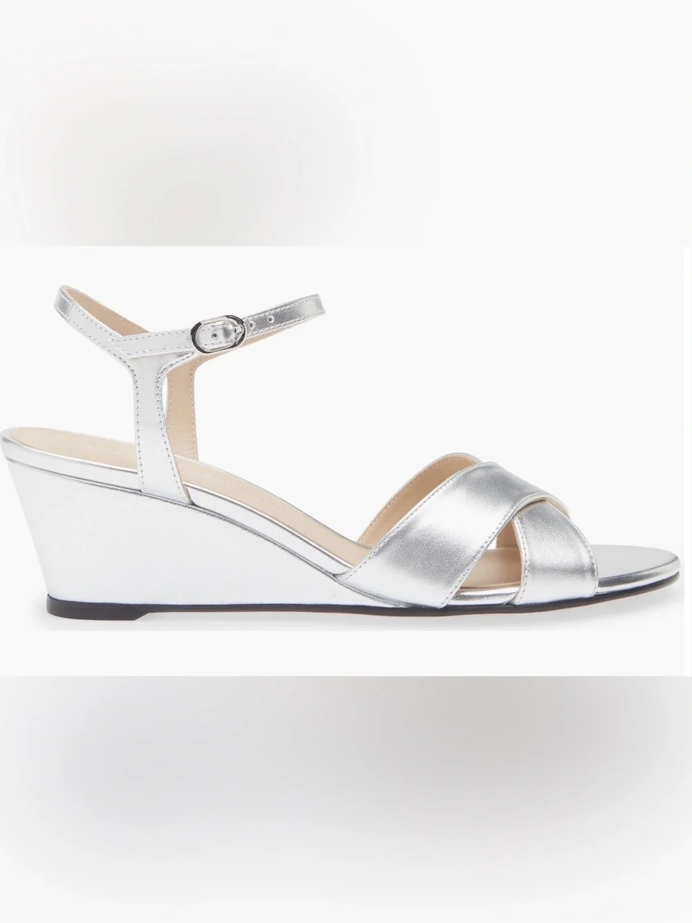 Stuart Weitzman Dayna Ankle Strap Wedge Silver Sandal Woman’s Size 6 NWOB
